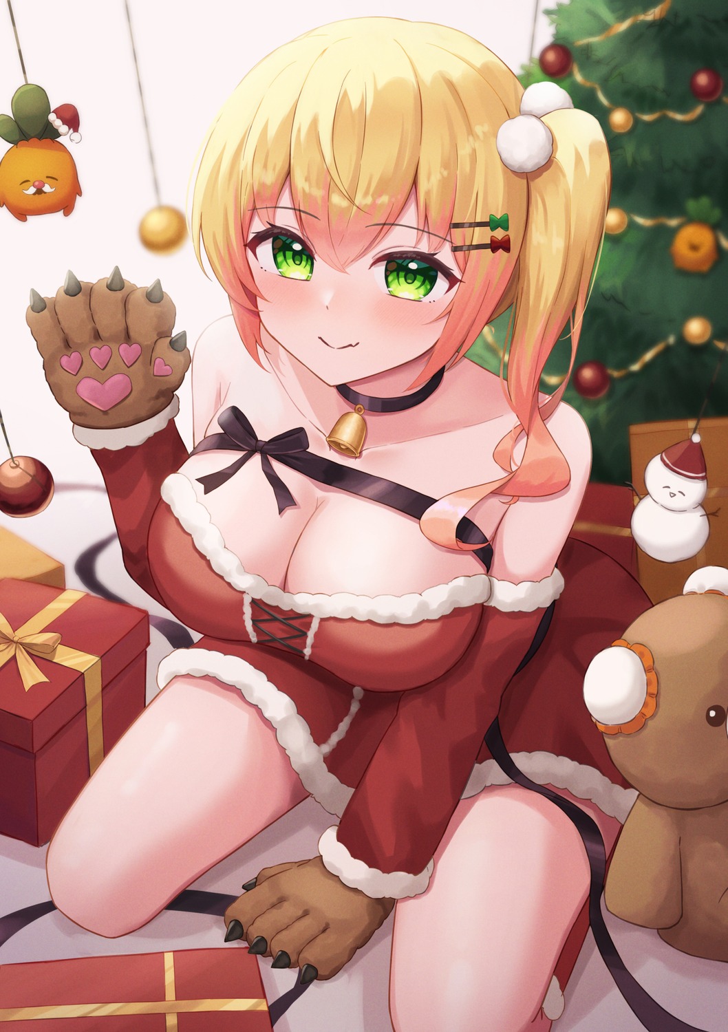 christmas cleavage dress hololive momosuzu_nene no_bra typho