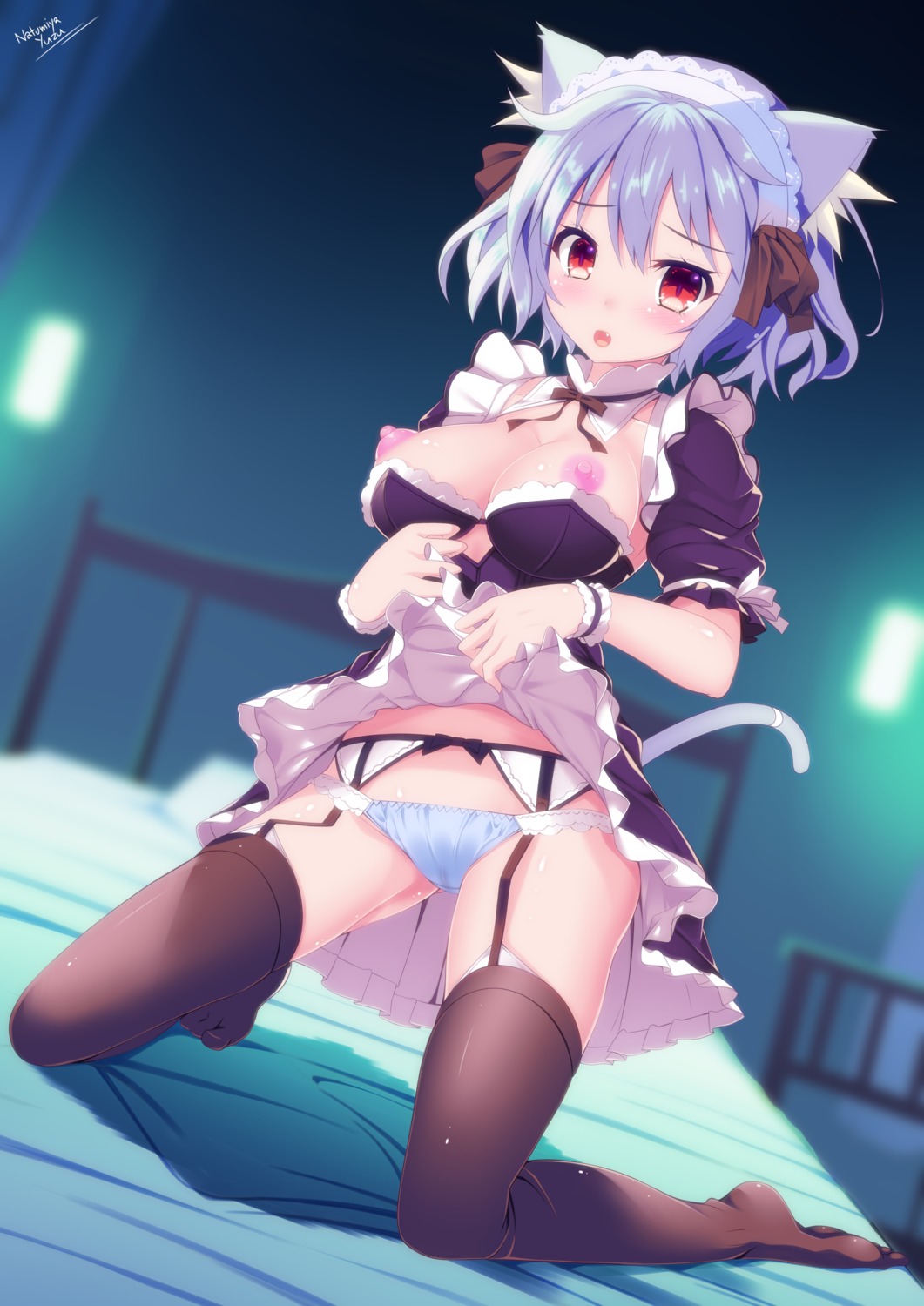 animal_ears breasts garter_belt maid natsumiya_yuzu nekomimi nipples no_bra pantsu skirt_lift stockings tail thighhighs