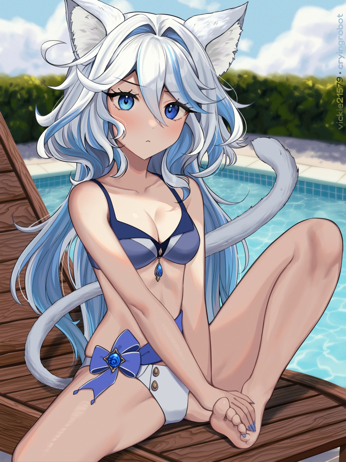 animal_ears bikini furina genshin_impact heterochromia nekomimi swimsuits tail vickie_(cryingrobot)