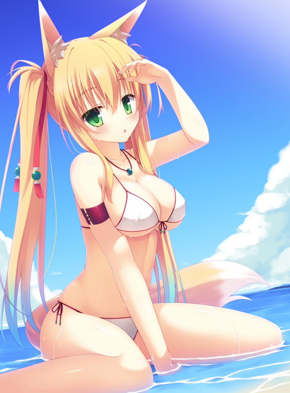 animal_ears bikini cleavage erect_nipples izuna_(yuzuka) kitsune swimsuits tail underboob wet yuzuka