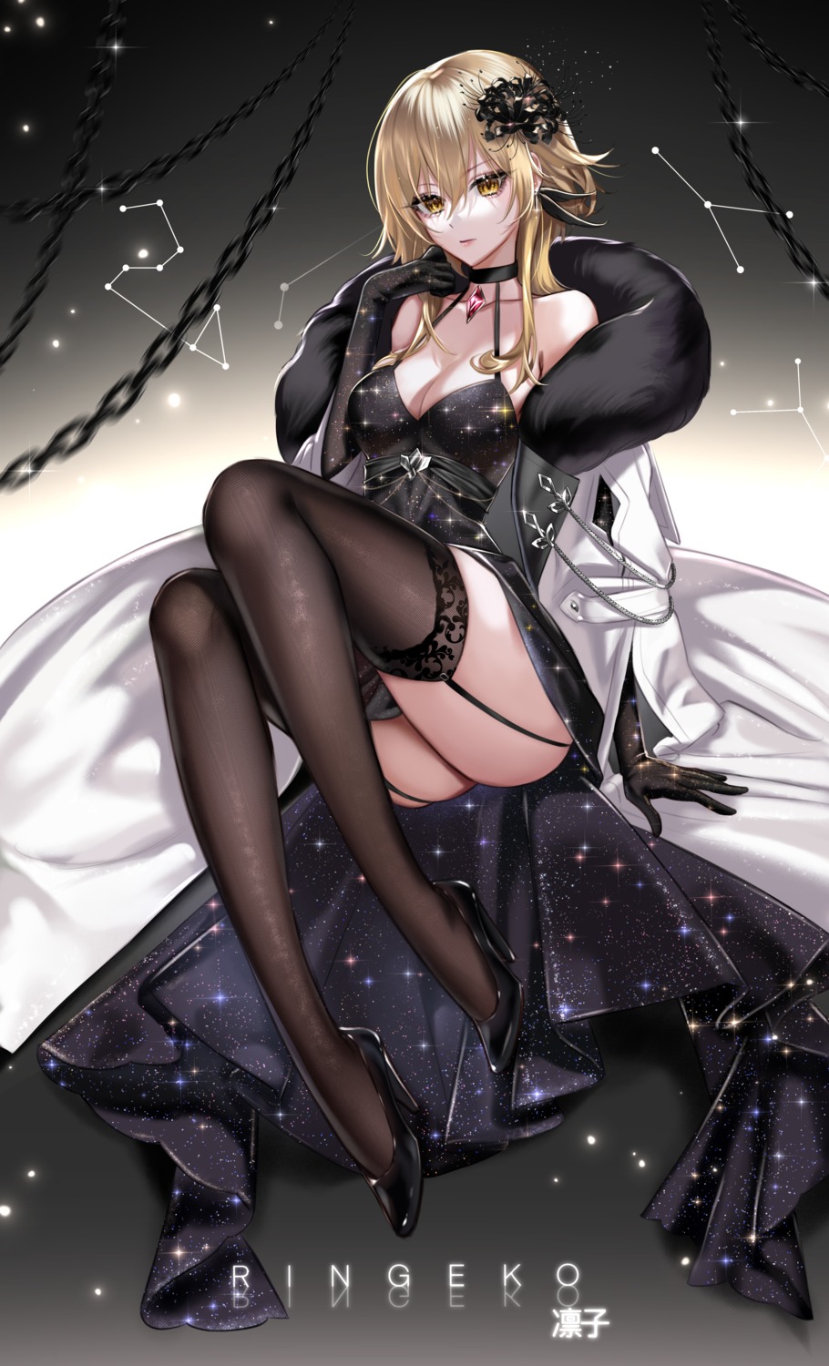 dress genshin_impact heels lumine no_bra ringeko-chan skirt_lift stockings thighhighs