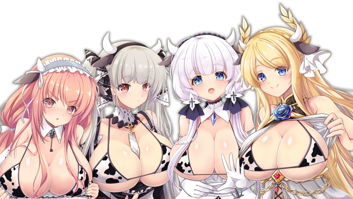 animal_ears areola azur_lane bikini_top formidable_(azur_lane) gothic_lolita horns illustrious_(azur_lane) lolita_fashion open_shirt perseus_(azur_lane) raranokusu see_through swimsuits undressing victorious_(azur_lane)