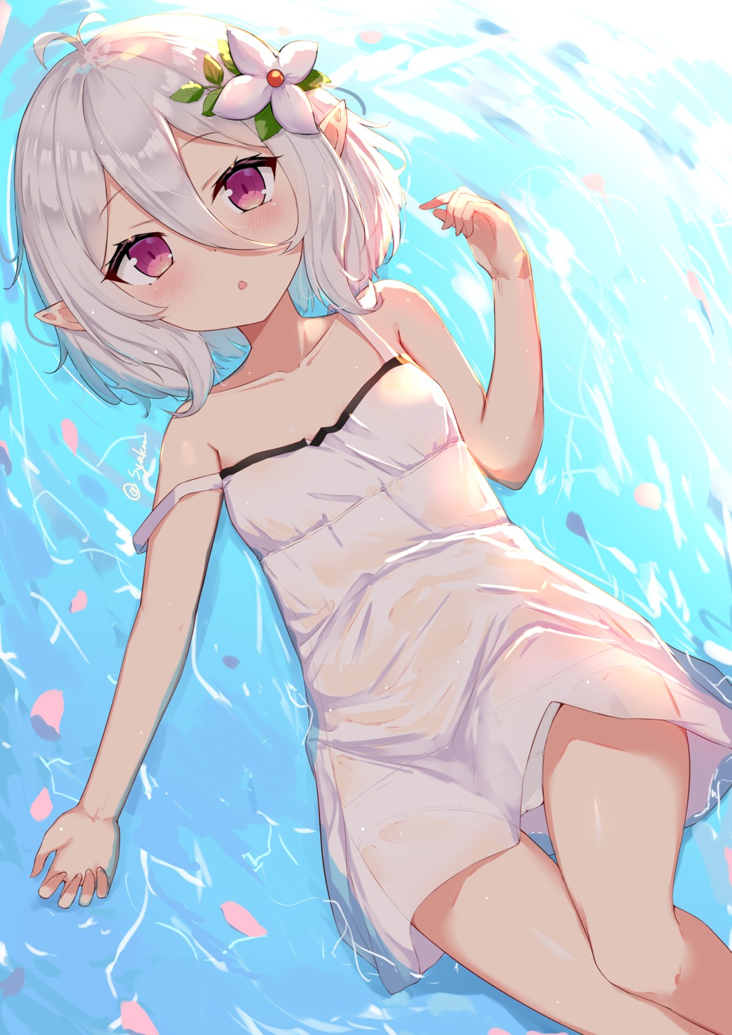 dress kokkoro no_bra pantsu pointy_ears princess_connect princess_connect!_re:dive see_through skirt_lift summer_dress syakou wet wet_clothes