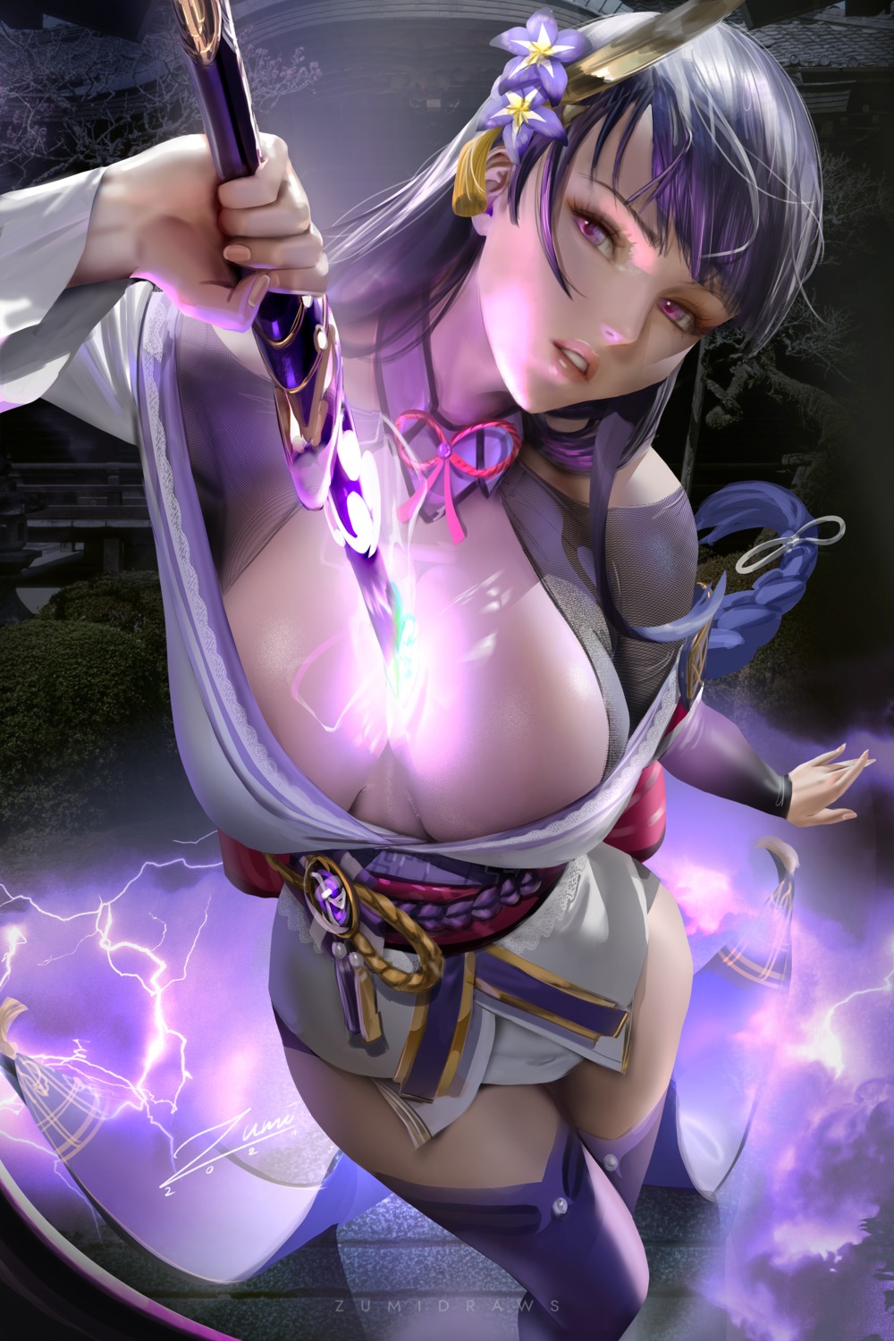 genshin_impact japanese_clothes no_bra open_shirt raiden_shogun sword thighhighs zumi_(zumidraws)