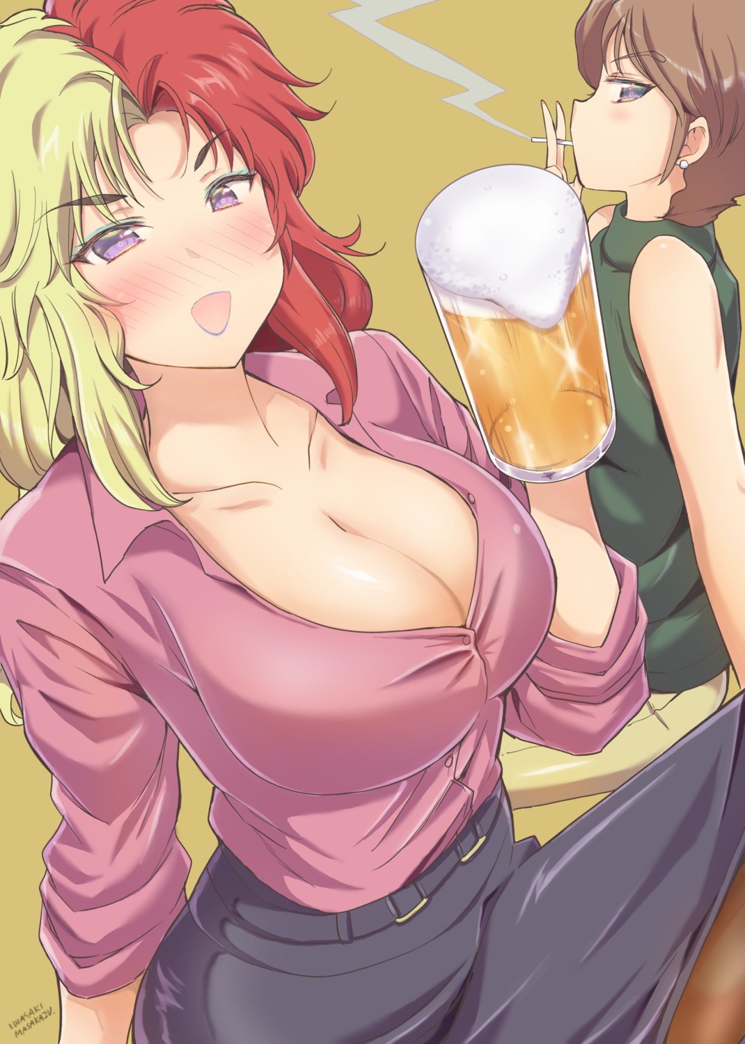 cleavage dress_shirt gundam gundam_zz iwasaki_masakazu open_shirt pantyhose skirt_lift smoking zeta_gundam