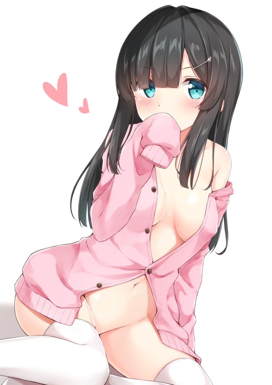 bottomless erect_nipples karutamo no_bra open_shirt sweater thighhighs