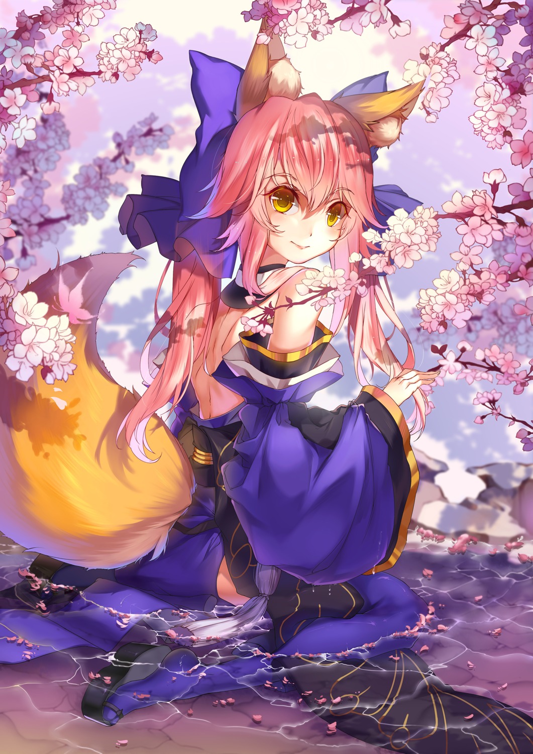animal_ears fate/extra fate/grand_order fate/stay_night japanese_clothes kitsune tail tamamo_no_mae thighhighs vieny wet