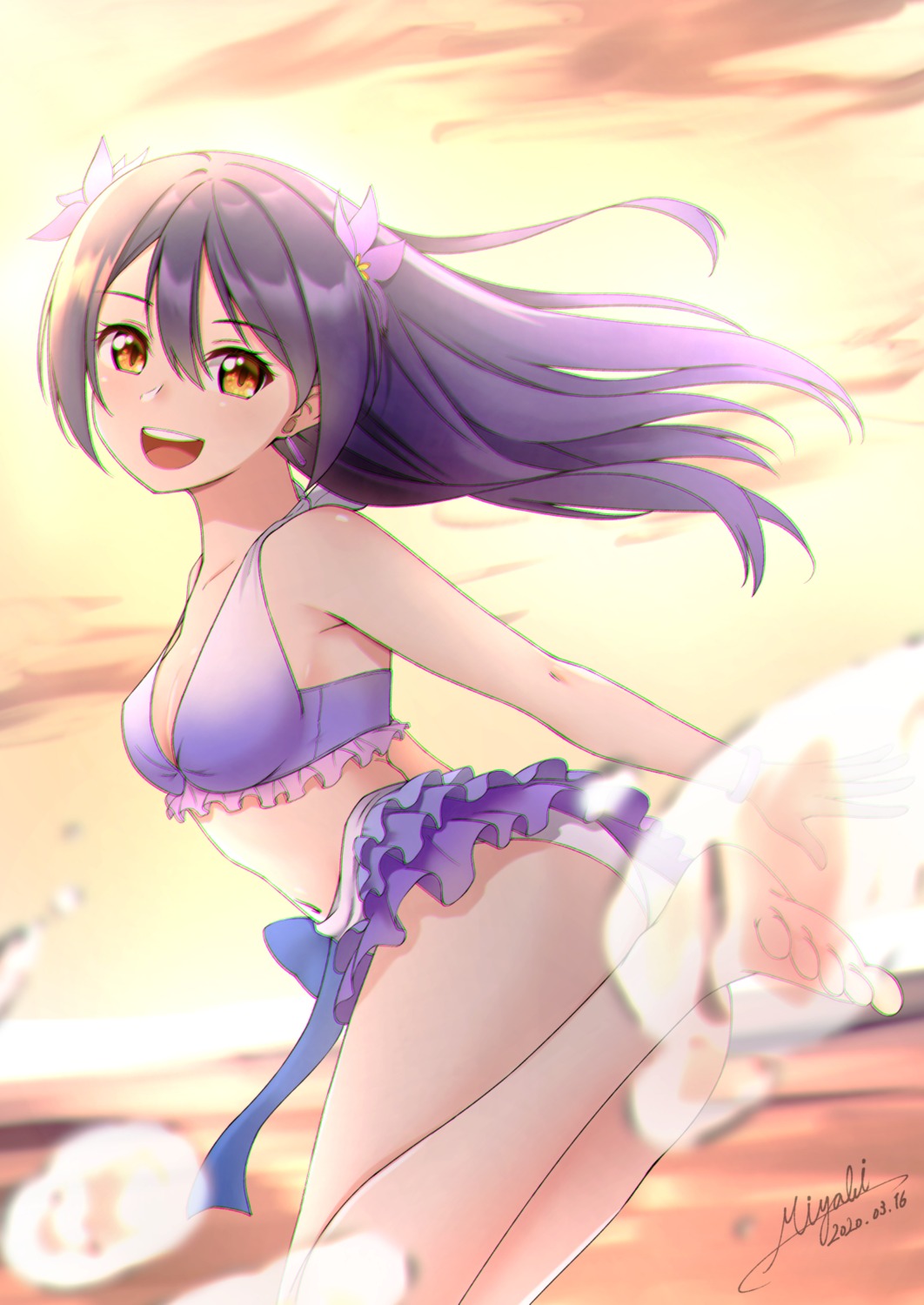 ass bikini feet haruna_miyabi love_live! skirt_lift sonoda_umi swimsuits