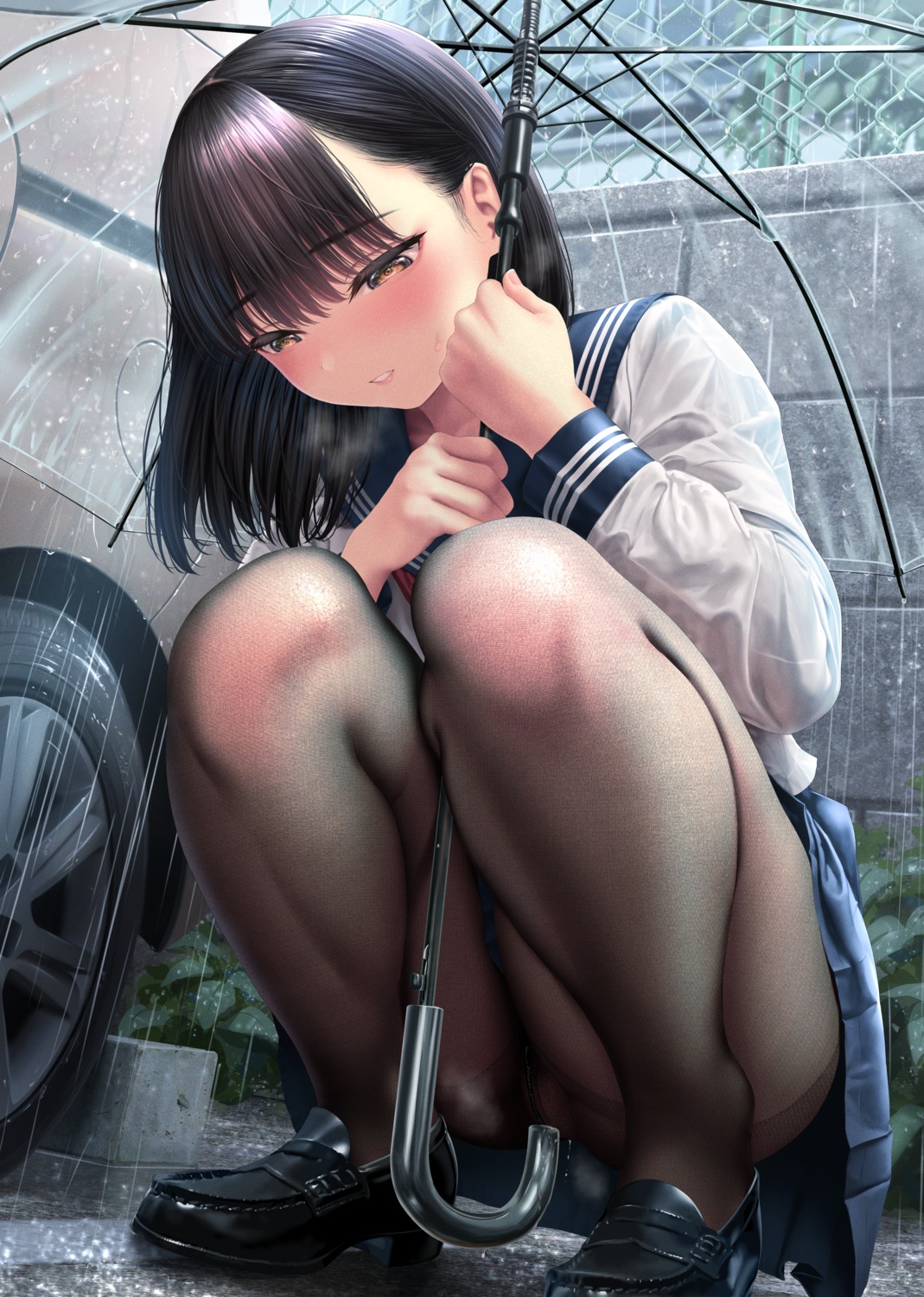 kase_daiki nopan pantyhose pussy pussy_juice see_through seifuku skirt_lift umbrella uncensored