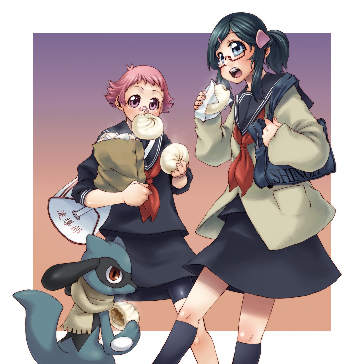 bandaid bike_shorts hikari_(pokemon) megane pokemon pokemon_bdsp pokemon_dppt ringo78 riolu seifuku sumomo_(pokemon)