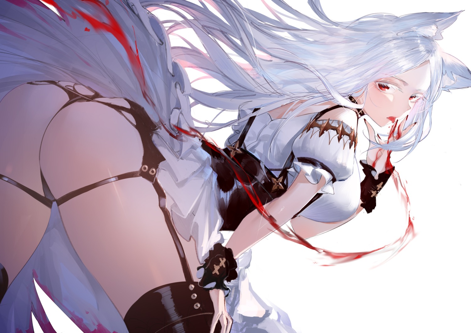 animal_ears ass blood garter horz pantsu skirt_lift stockings thighhighs thong torn_clothes