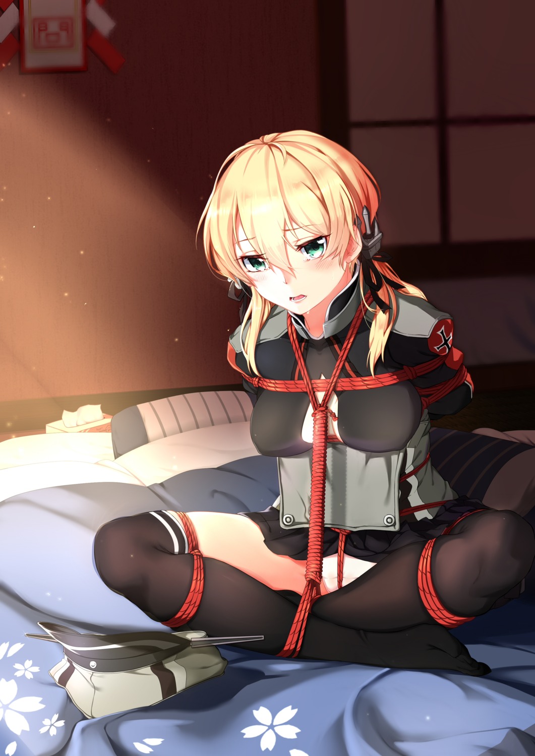 bondage cleavage kantai_collection open_shirt pantsu prinz_eugen_(kancolle) tendo_(zhazhatiantong) thighhighs uniform