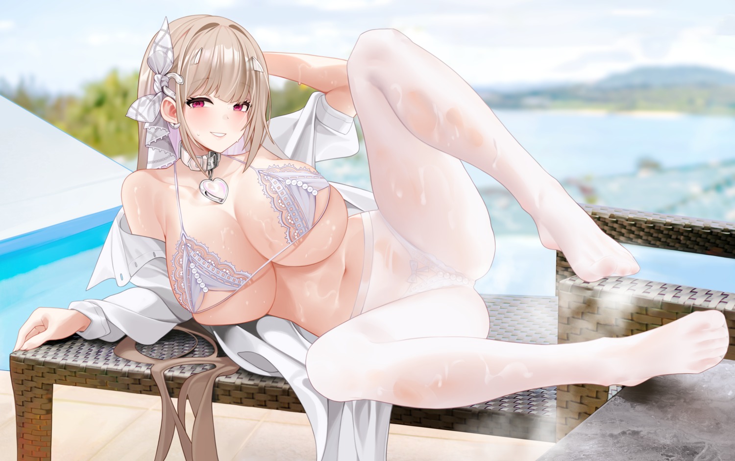 bikini dress_shirt feet goddess_of_victory:_nikke open_shirt pantyhose shi_le_yuan swimsuits thong viper_(nikke) wet