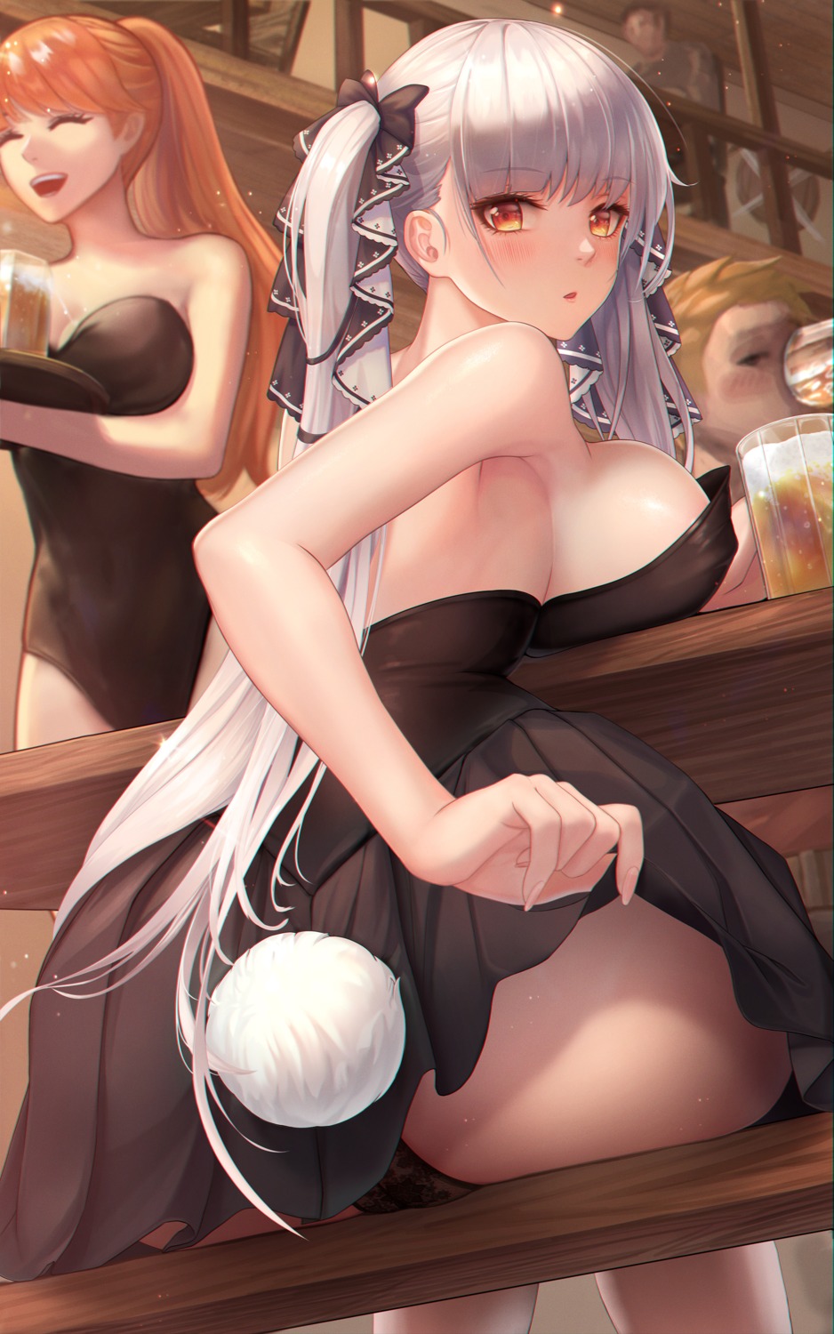 ass azur_lane cleavage dress fintowing formidable_(azur_lane) leotard no_bra pantsu skirt_lift tail waitress