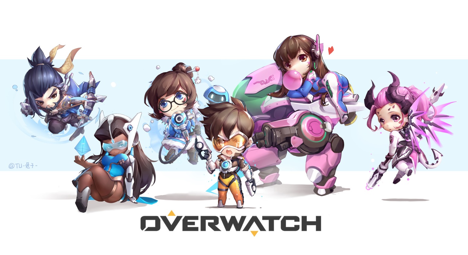 ass bodysuit chibi d.va gun hanzo_(overwatch) horns mecha megane mei_(overwatch) mercy_(overwatch) overwatch symmetra_(overwatch) tail tattoo tracer tracyton weapon wings