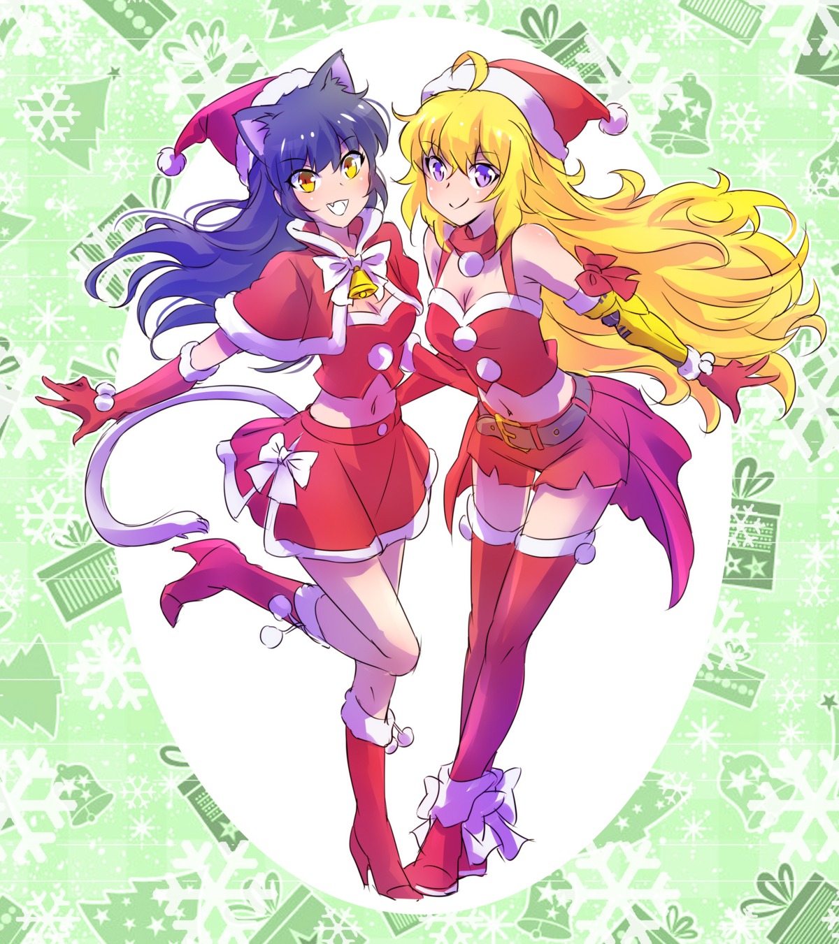 animal_ears blake_belladonna christmas cleavage heels iesupa nekomimi rwby tail thighhighs yang_xiao_long