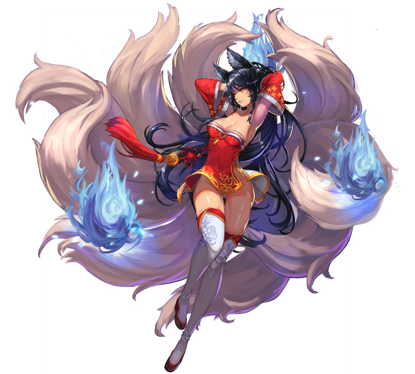 ahri animal_ears cleavage dress kitsune league_of_legends nopan qbspdl tail thighhighs