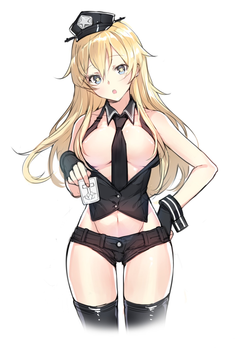 battle_koala breasts iowa_(kancolle) kantai_collection no_bra open_shirt thighhighs