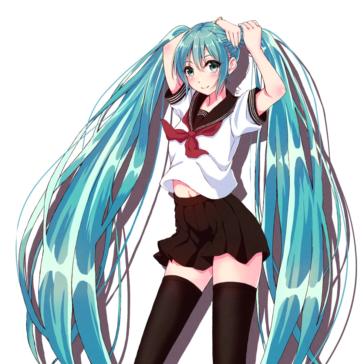 hatsune_miku seifuku shirt_lift tagme thighhighs vocaloid