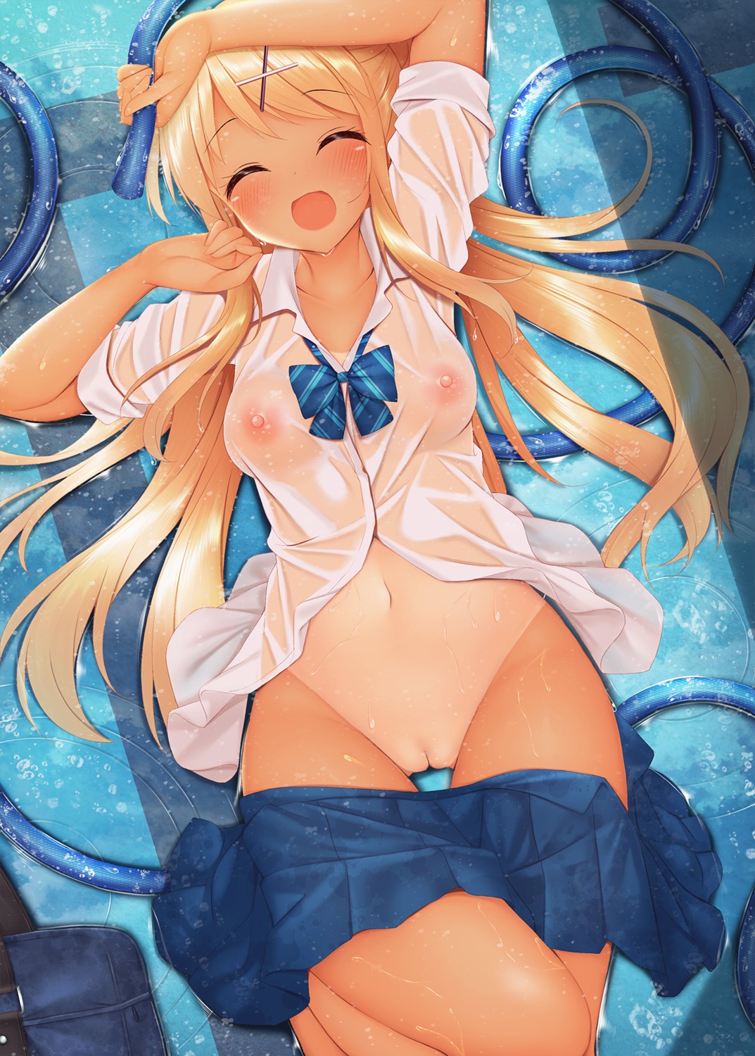 kin'iro_mosaic kujou_karen minato_ojitan nipples no_bra nopan pussy see_through seifuku tan_lines uncensored wet wet_clothes