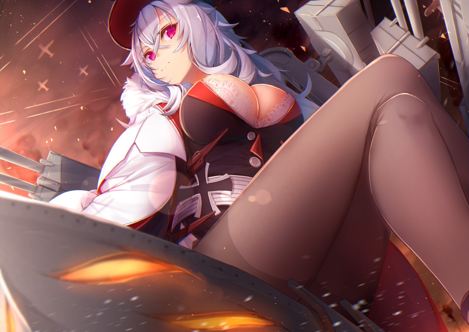 azur_lane bra cleavage graf_zeppelin_(azur_lane) open_shirt pantyhose tatapopo uniform