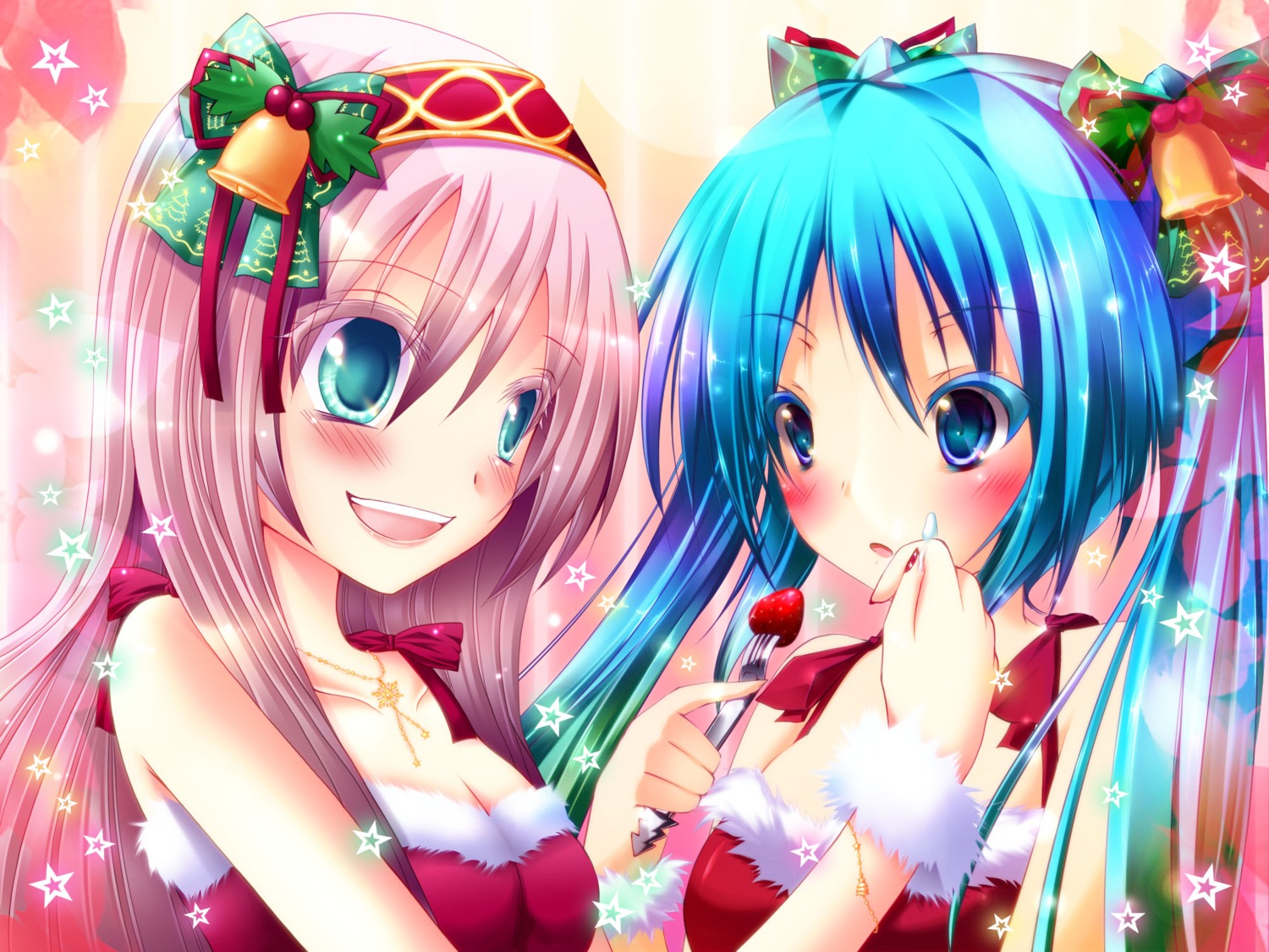 christmas cleavage hatsune_miku megurine_luka meiya_neon vocaloid