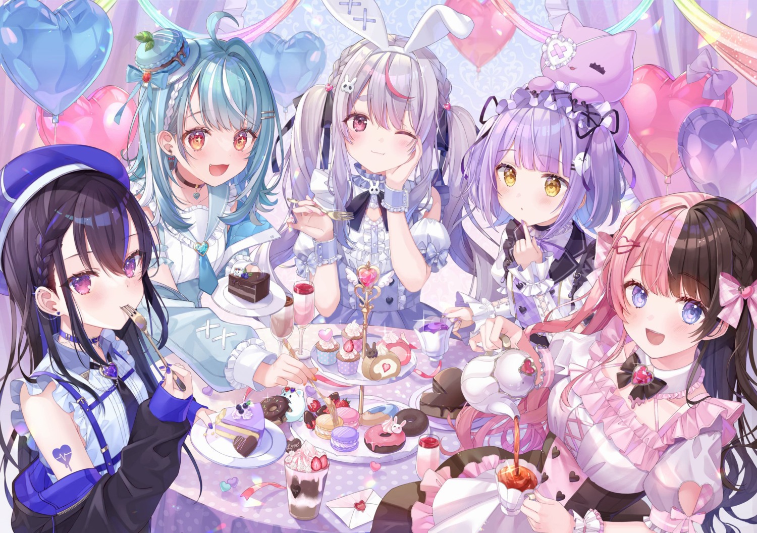 animal_ears bunny_ears cattleya_regina_games detexted dress ichinose_uruha iris_black_games lolita_fashion lupinus_virtual_games shinomiya_runa shiori_(xxxsi) shiranami_ramune tachibana_hinano tattoo tosaki_mimi vspo!