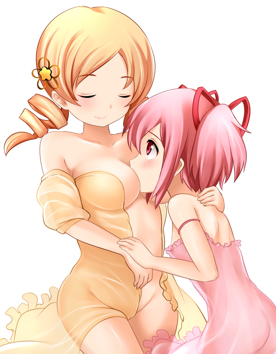 cleavage kaname_madoka lingerie loli mahou_shoujo_madoka_magica no_bra nopan see_through tomoe_mami yoshimo yuri