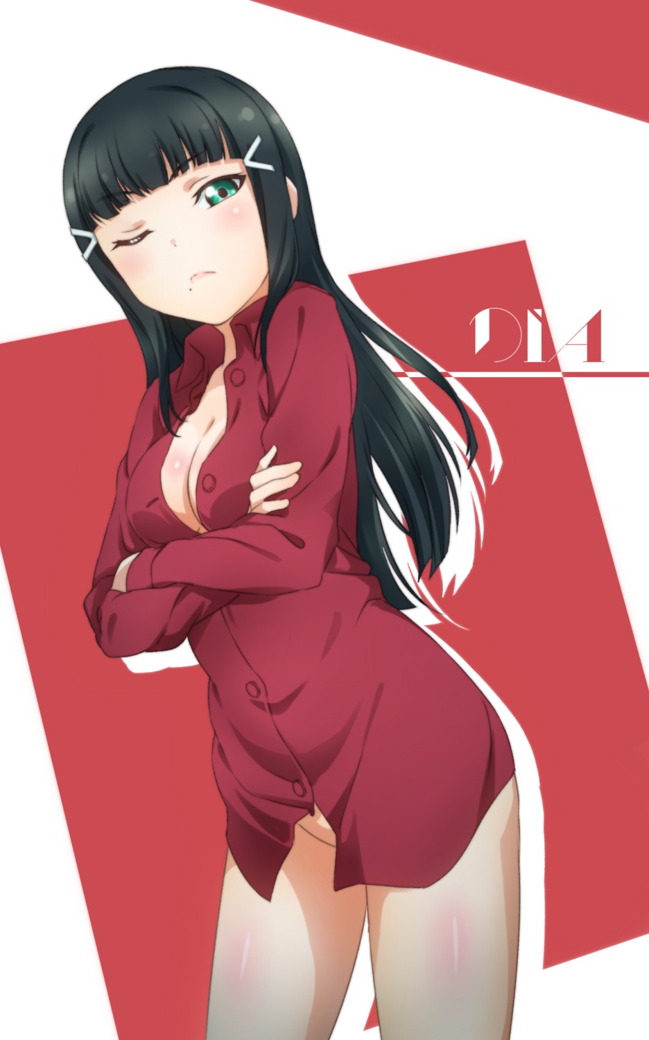 bottomless cleavage dress_shirt kurosawa_dia love_live!_sunshine!! no_bra open_shirt surfing_orange