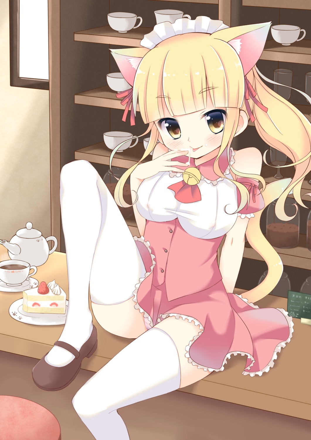 animal_ears momoniku nekomimi pantsu tail thighhighs waitress