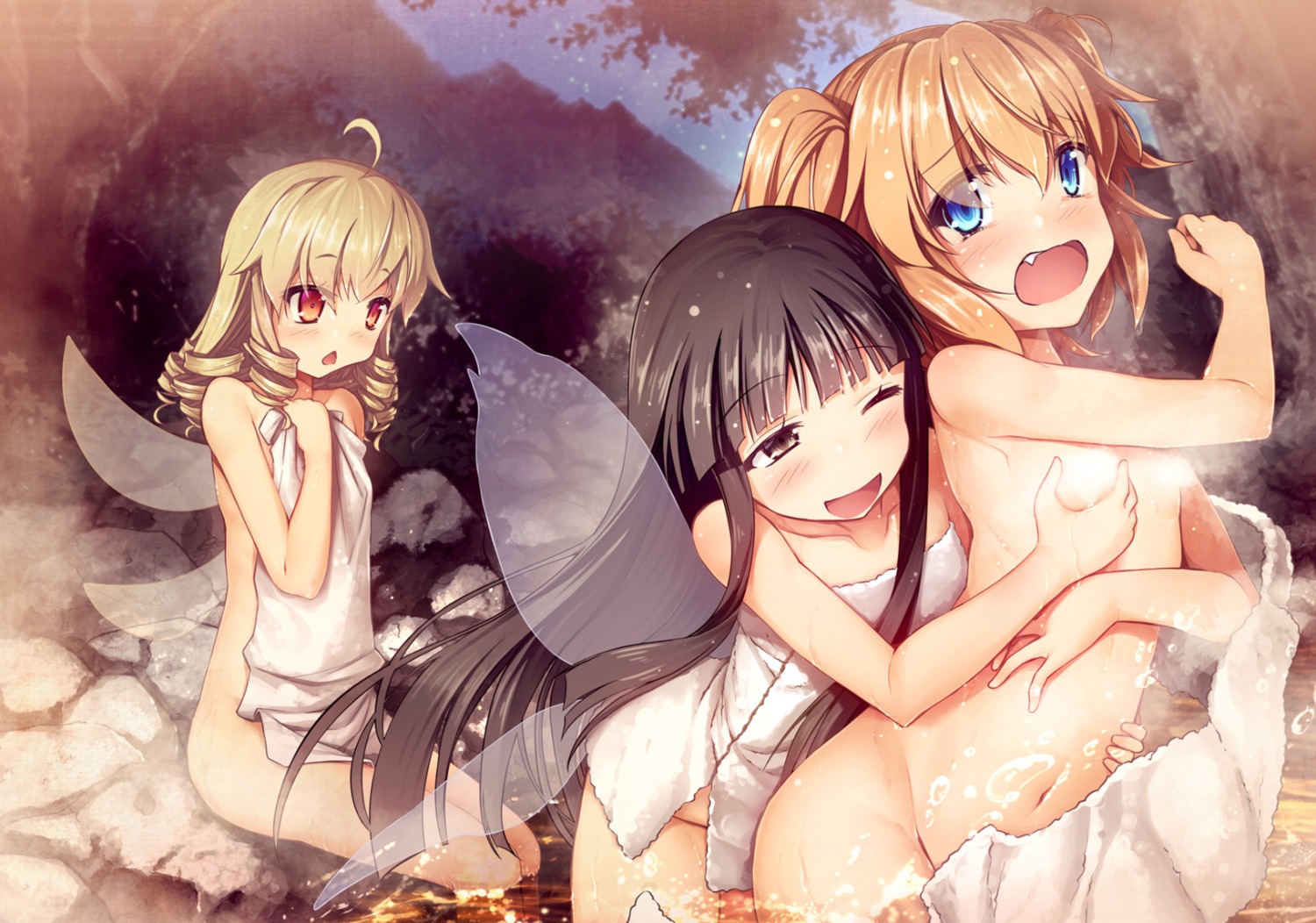 alakoala_shoushou breast_grab breast_hold censored loli luna_child naked onsen star_sapphire sunny_milk touhou towel wet wings yuri