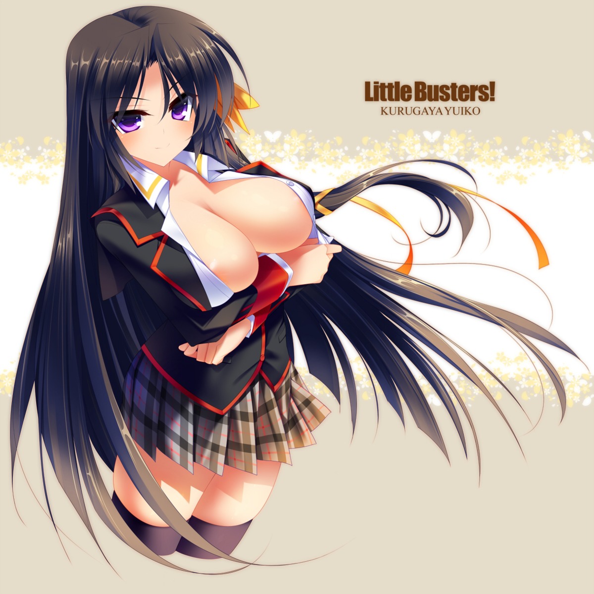 areola breast_hold cleavage dragonmaterial kurugaya_yuiko little_busters! no_bra seifuku thighhighs