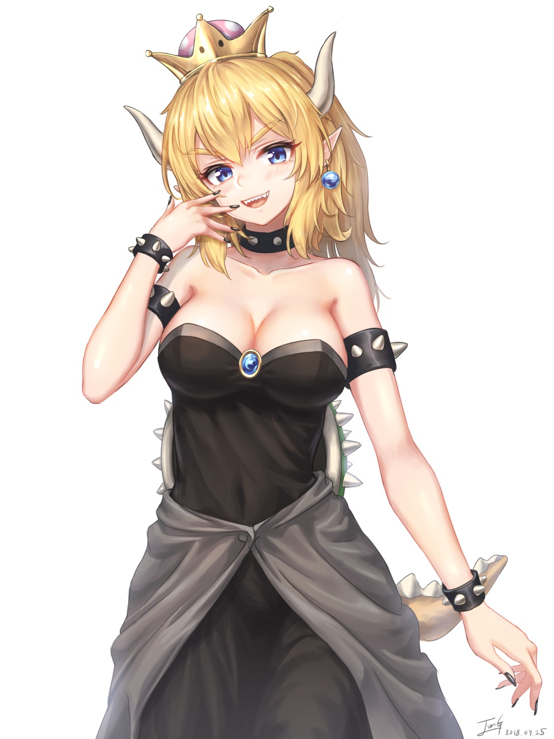 baek_hyang bowsette cleavage dress horns new_super_mario_bros._u_deluxe pointy_ears tail