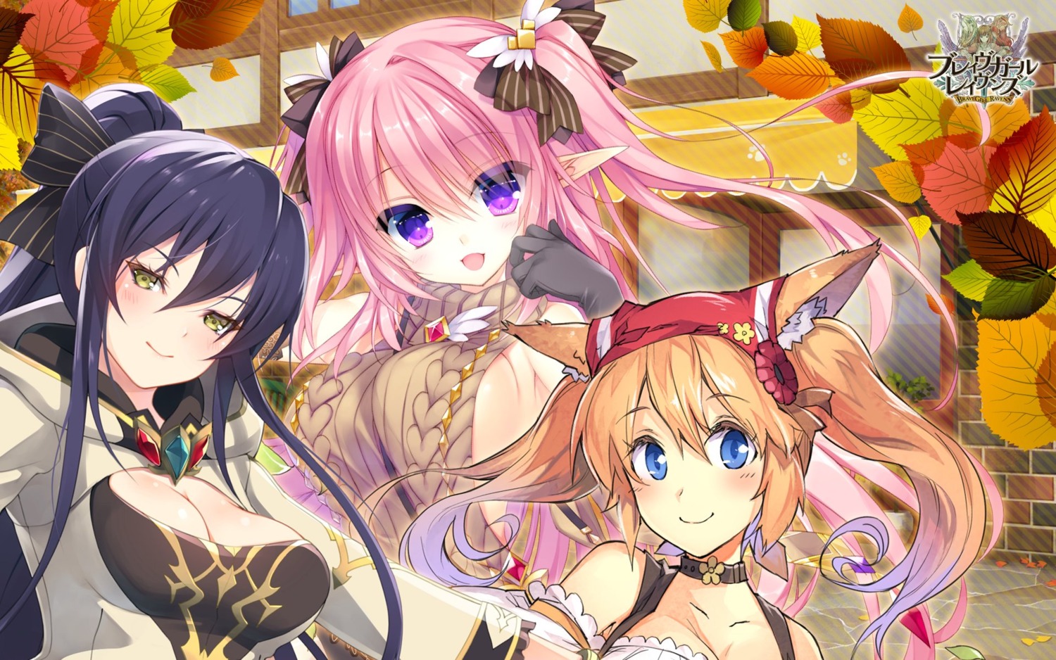 animal_ears brave_girl_ravens cleavage miya_kazutomo no_bra pointy_ears satsuki_misuzu sweater wallpaper yoshino_ryou