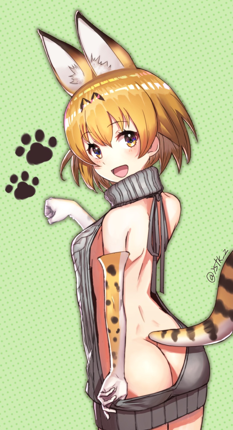 animal_ears ass kemono_friends no_bra nopan serval sweater tail yasuda_takashi