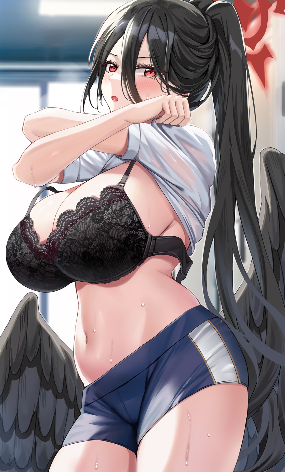 angel blue_archive bra gym_uniform hanekawa_hasumi piukute062 see_through shirt_lift undressing wings