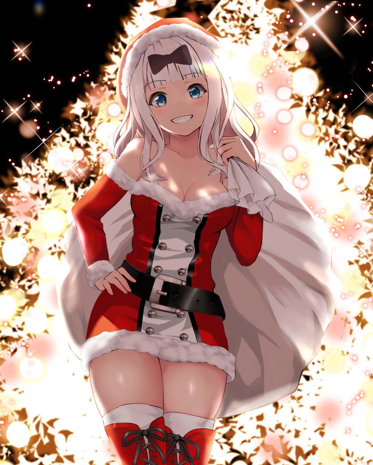 christmas cleavage dress fujiwara_chika gibun_(sozoshu) kaguya-sama_wa_kokurasetai_~tensai-tachi_no_renai_zunousen~ no_bra thighhighs