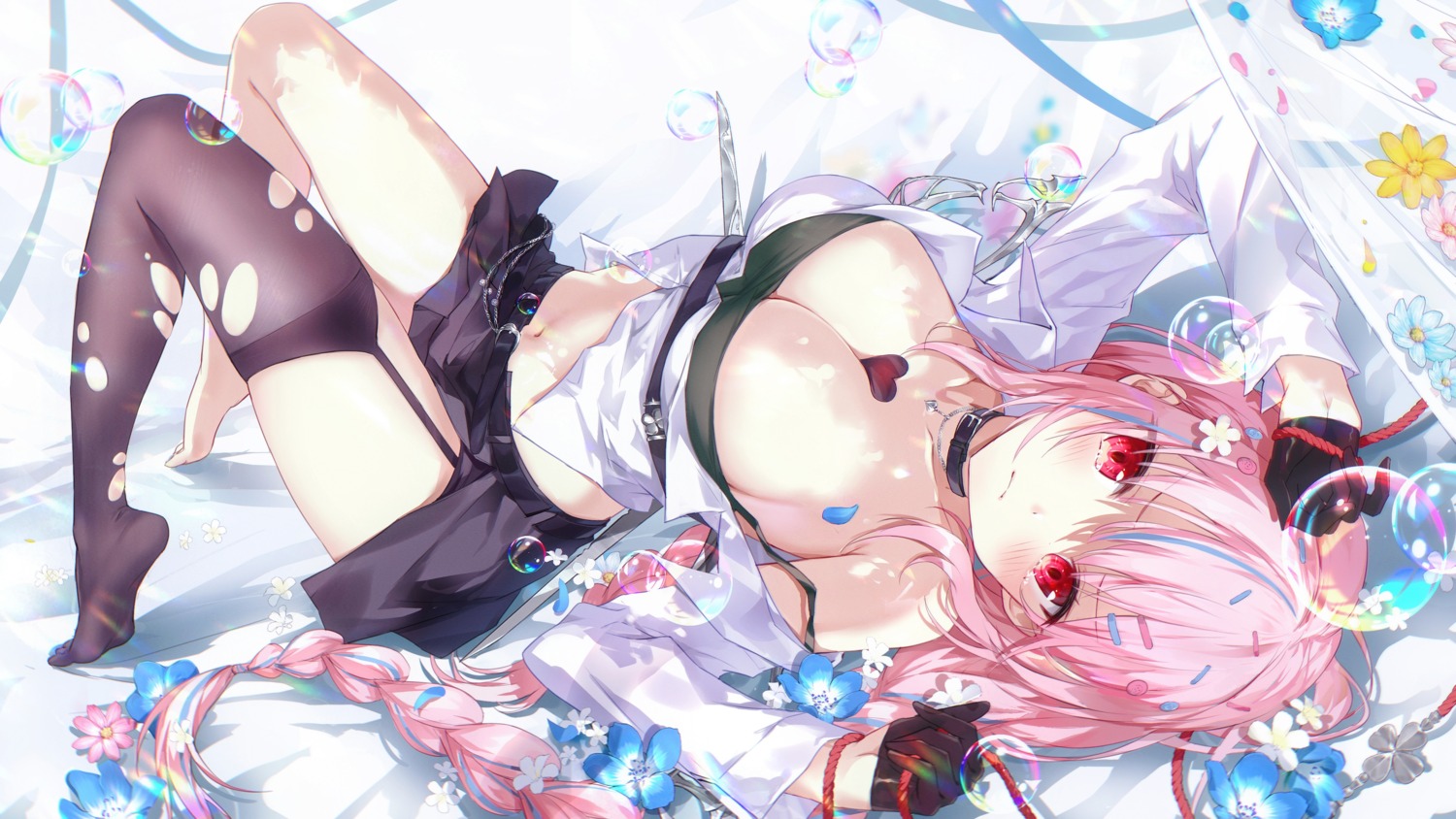 devil_heavens feet no_bra skirt_lift stockings thighhighs torn_clothes