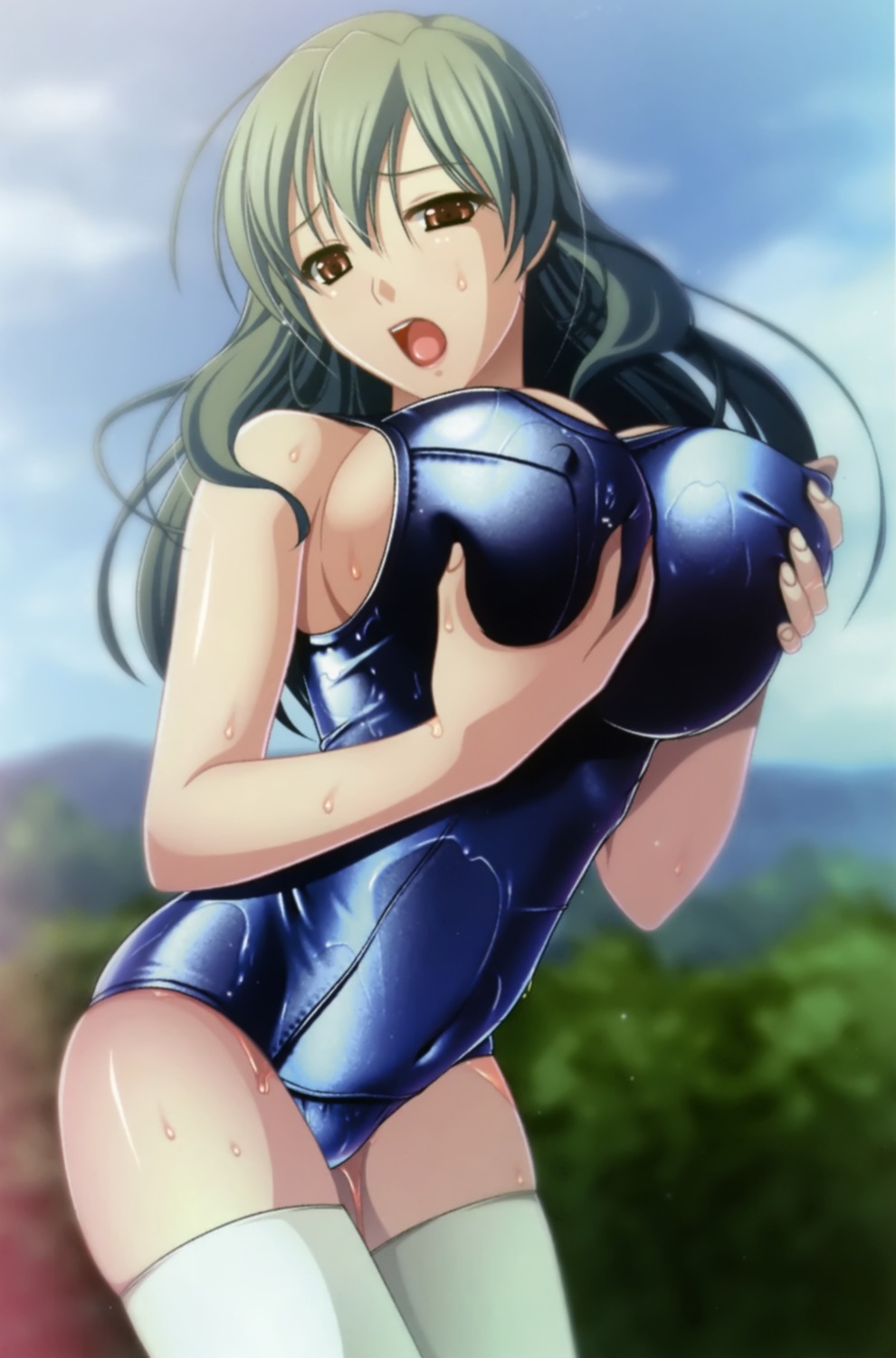 breast_grab erect_nipples kyonyuu_fantasy_gaiden mizoro_tadashi nellis school_swimsuit swimsuits thighhighs waffle wet