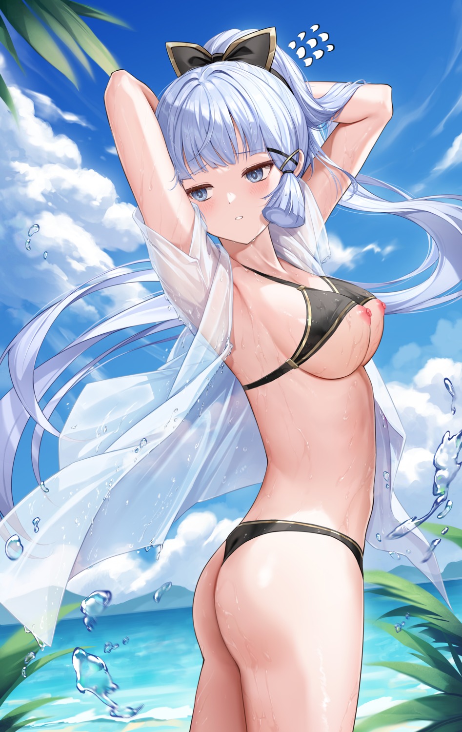 ass bikini genshin_impact kamisato_ayaka lunacle nipples open_shirt see_through swimsuits thong wet wet_clothes