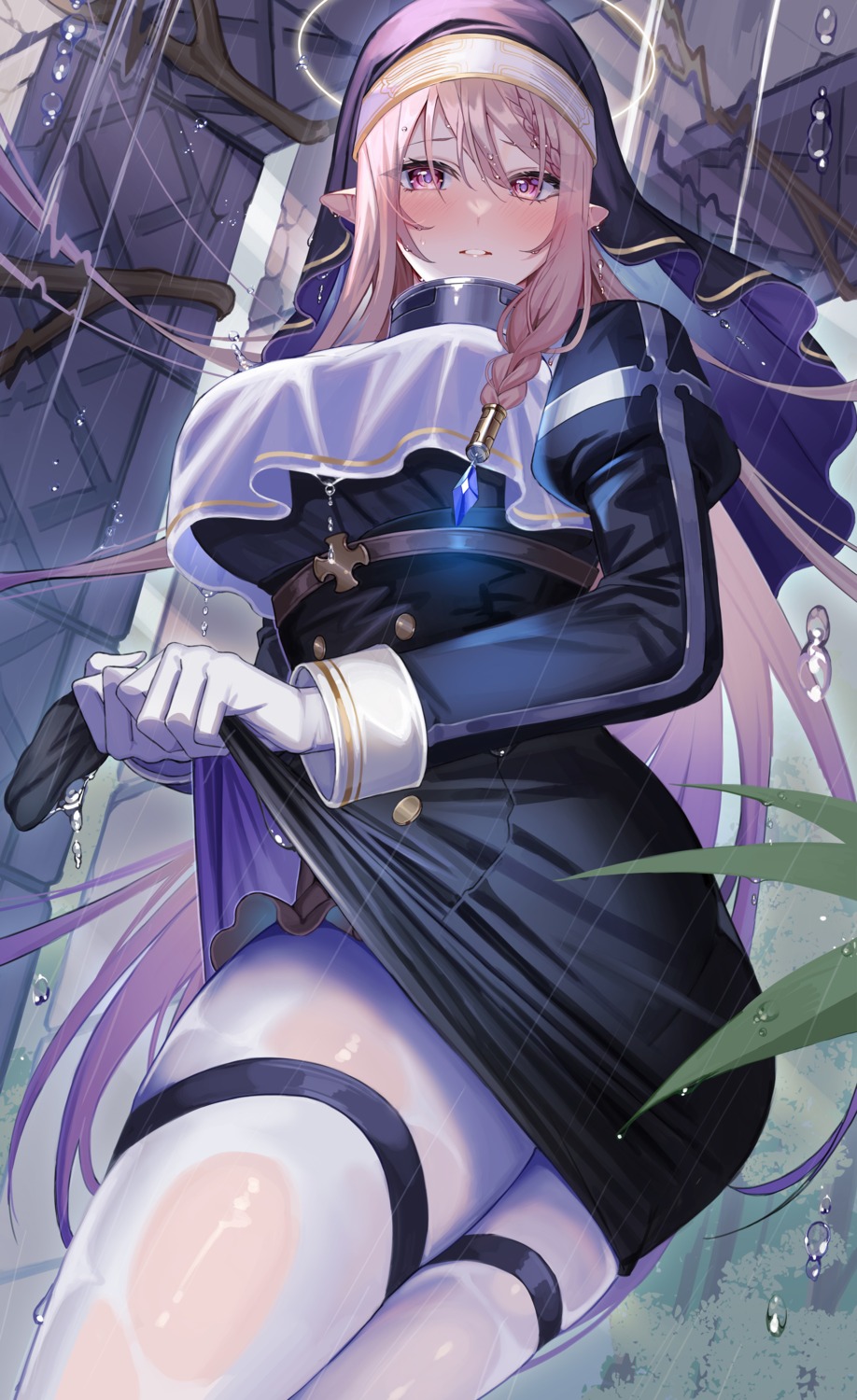 amahara_subaru nun pantyhose pointy_ears see_through skirt_lift thighhighs wet wet_clothes