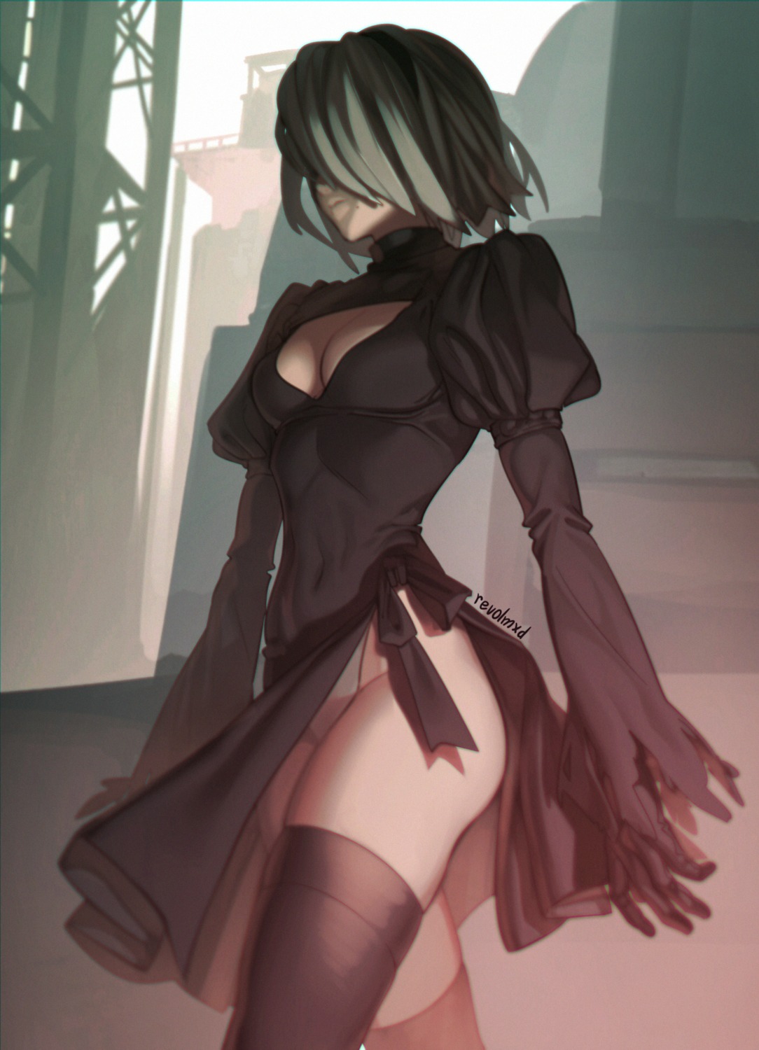 aconitea cleavage dress leotard nier nier_automata thighhighs yorha_no.2_type_b