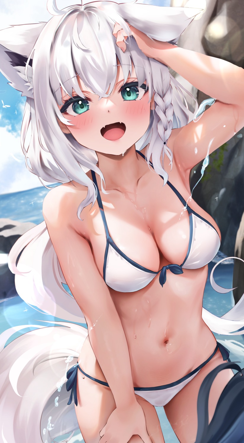 animal_ears bikini hololive hololive_gamers kitsune shirakami_fubuki swimsuits tail uechin_ewokaku wet