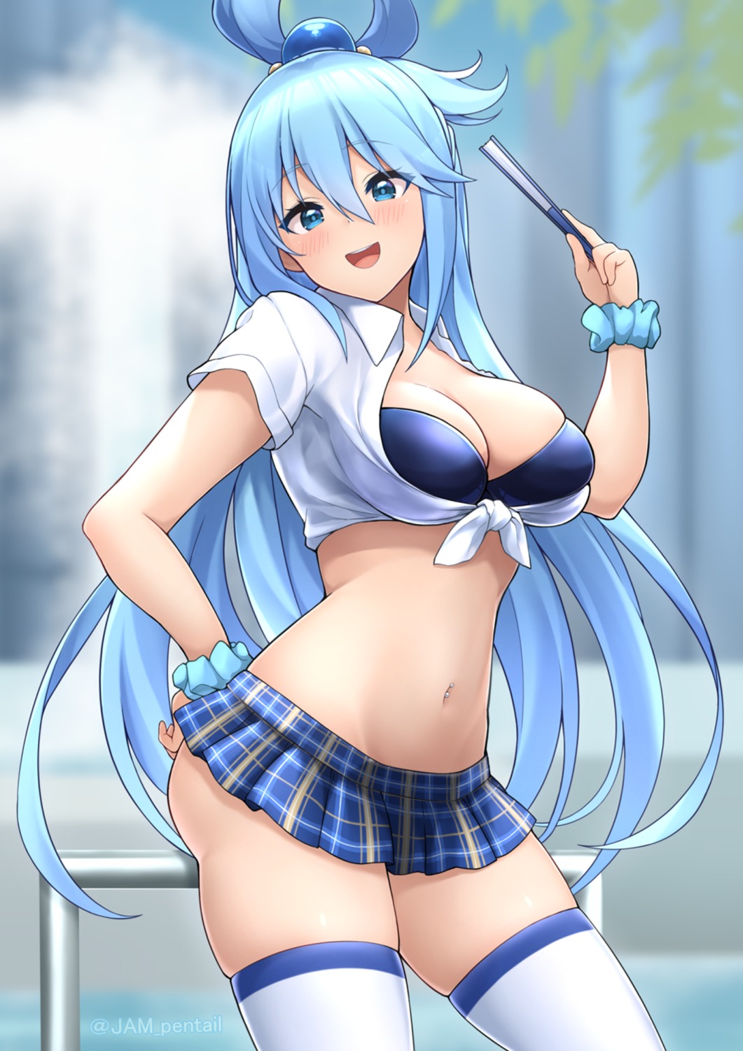 aqua_(konosuba) bra jampen kono_subarashii_sekai_ni_shukufuku_wo! open_shirt seifuku thighhighs