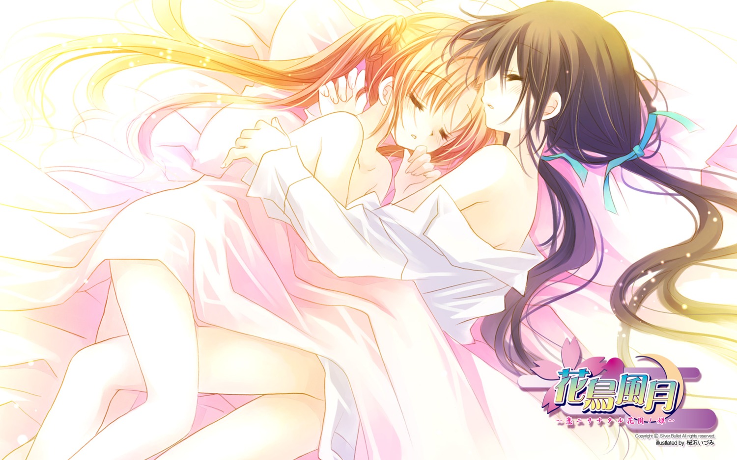 kachoufuugetsu naked sakuramori_anzu sakurazawa_izumi sheets silver_bullet wallpaper yuri