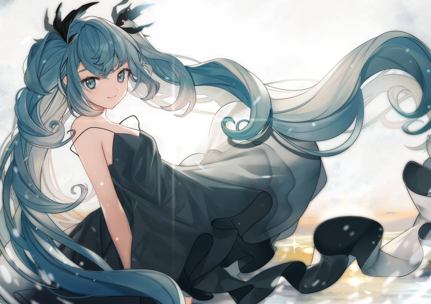 dress hatsune_miku no_bra shinkai_shoujo_(vocaloid) skirt_lift spinel_cranweiss_(artist) vocaloid