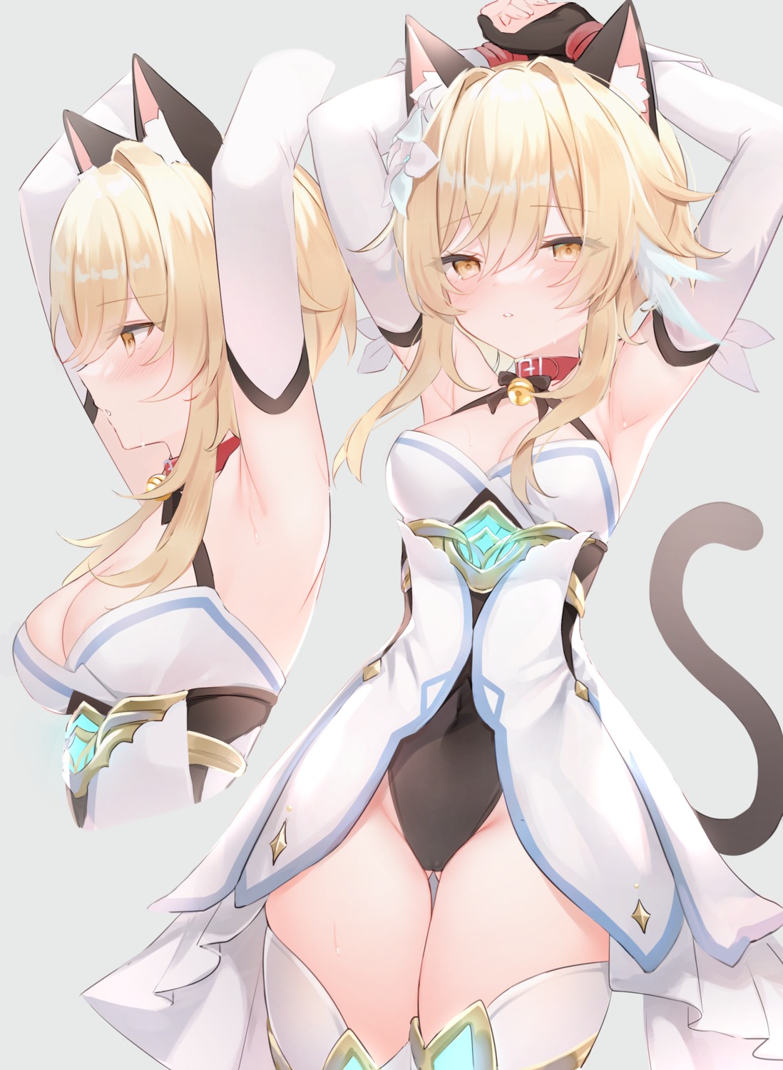 animal_ears dress genshin_impact leotard lumine nekomimi no_bra shouu-kun tail thighhighs