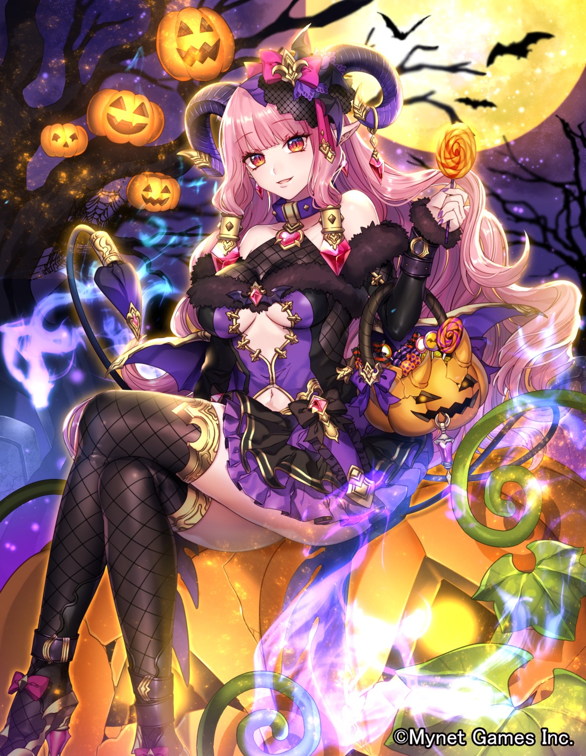 ass dress fishnets gyakushuu_no_fantasica halloween heels horns katagiri_hachigou no_bra nopan pointy_ears tail thighhighs