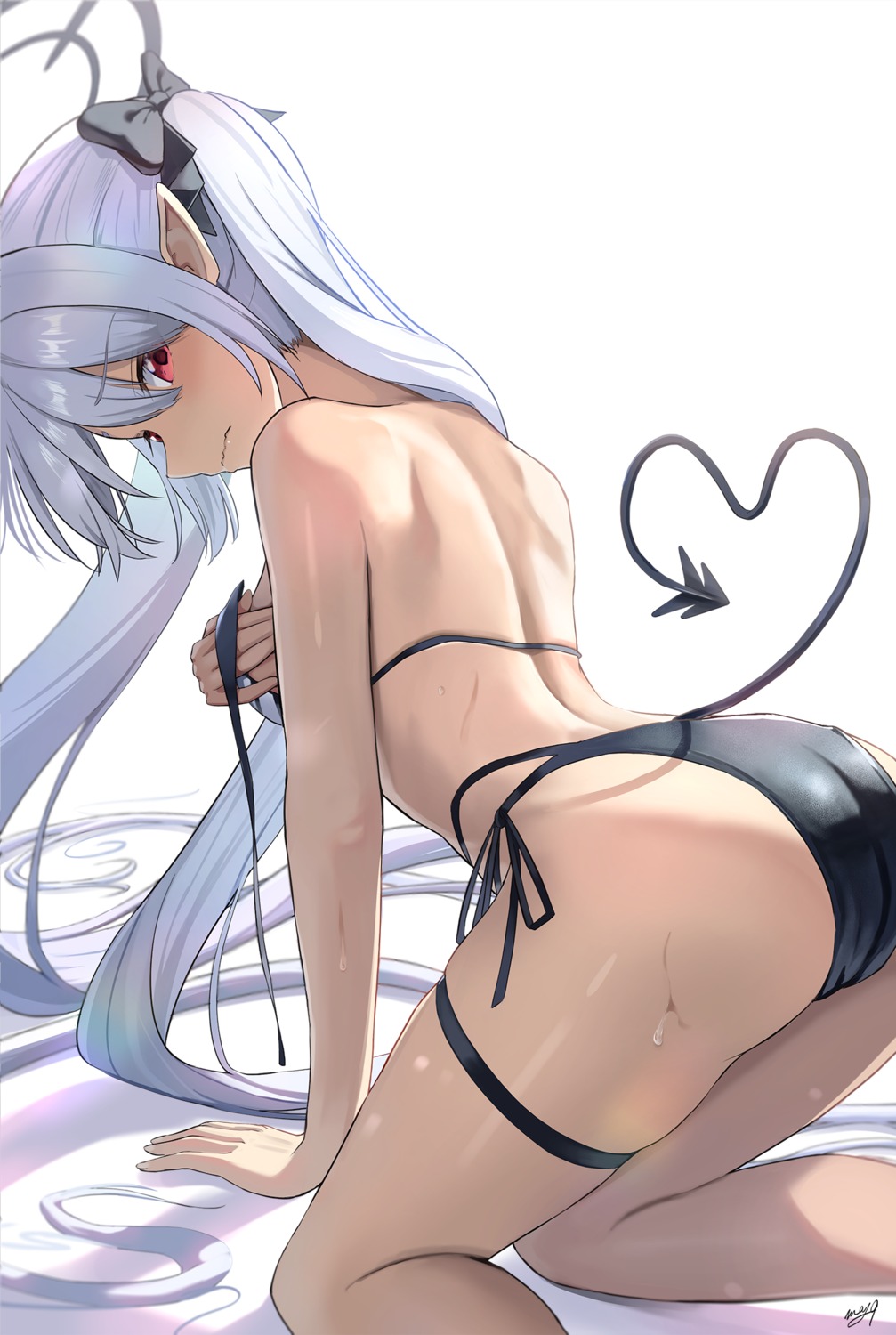 ass bikini blue_archive breast_hold garter halo m.a.y. pointy_ears shiromi_iori swimsuits tail wet