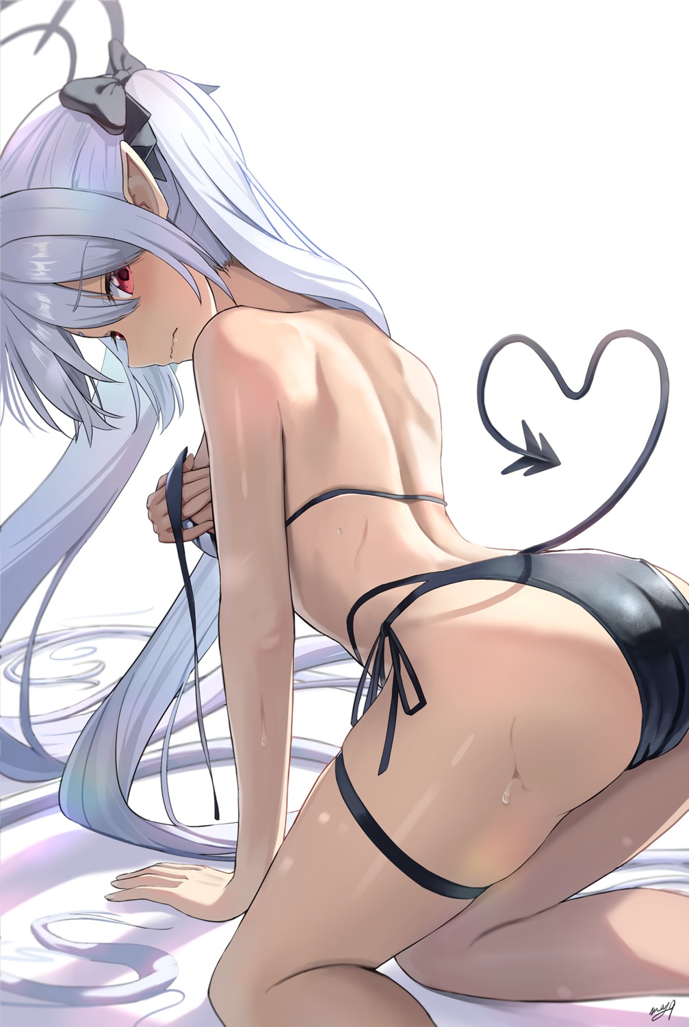 ass bikini blue_archive breast_hold garter halo may9 pointy_ears shiromi_iori swimsuits tail wet